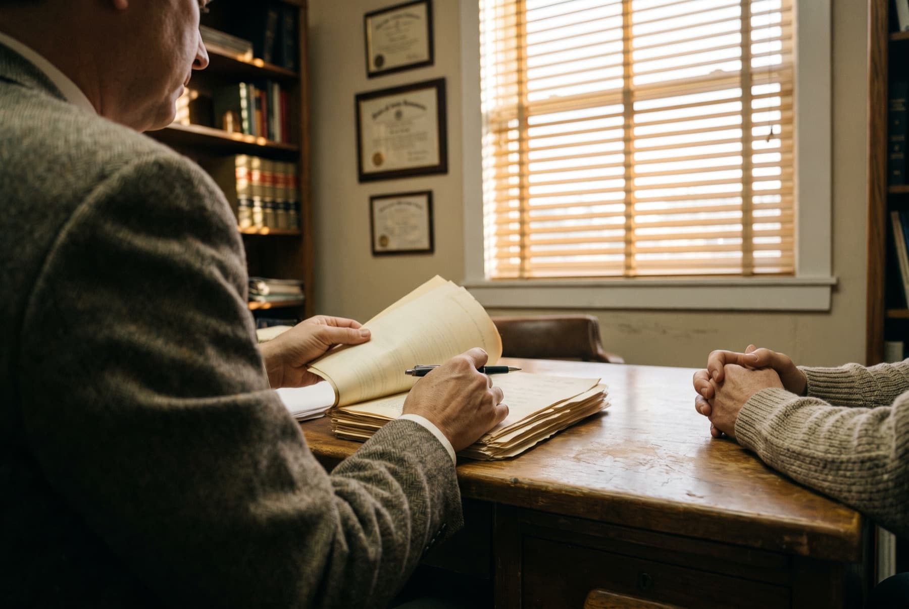 An attorney reviewing a client's documents across a desk