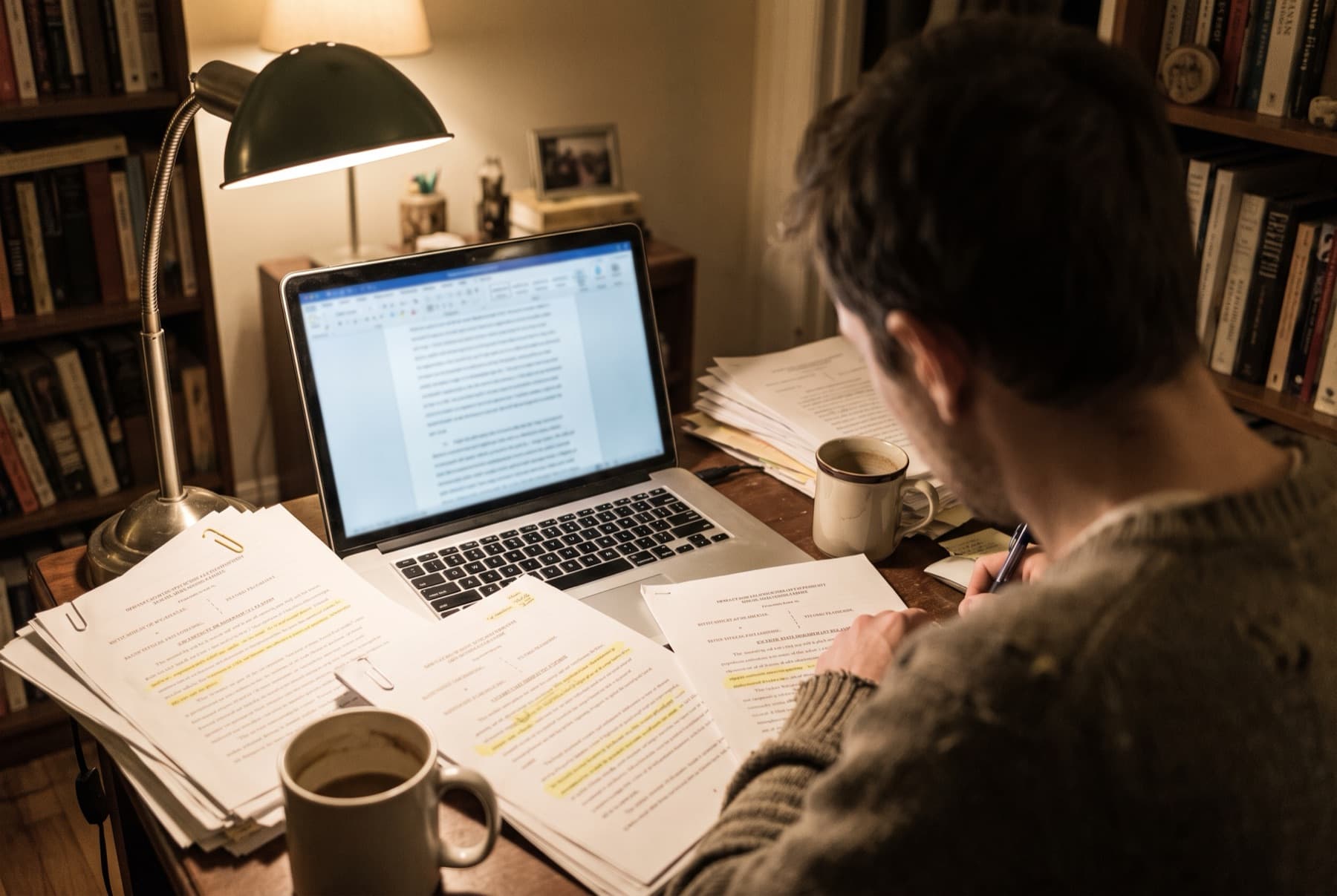 A research desk at night: an open laptop showing an out-of-focus page of dense text