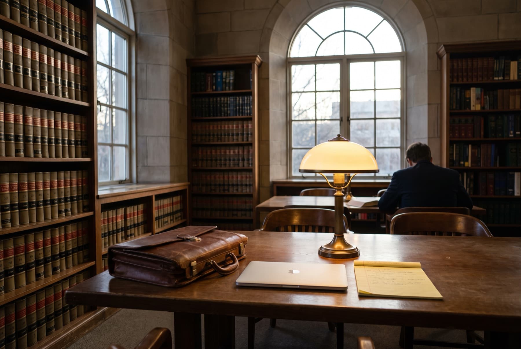A quiet, well-used law library corner with rows of bound case reporters
