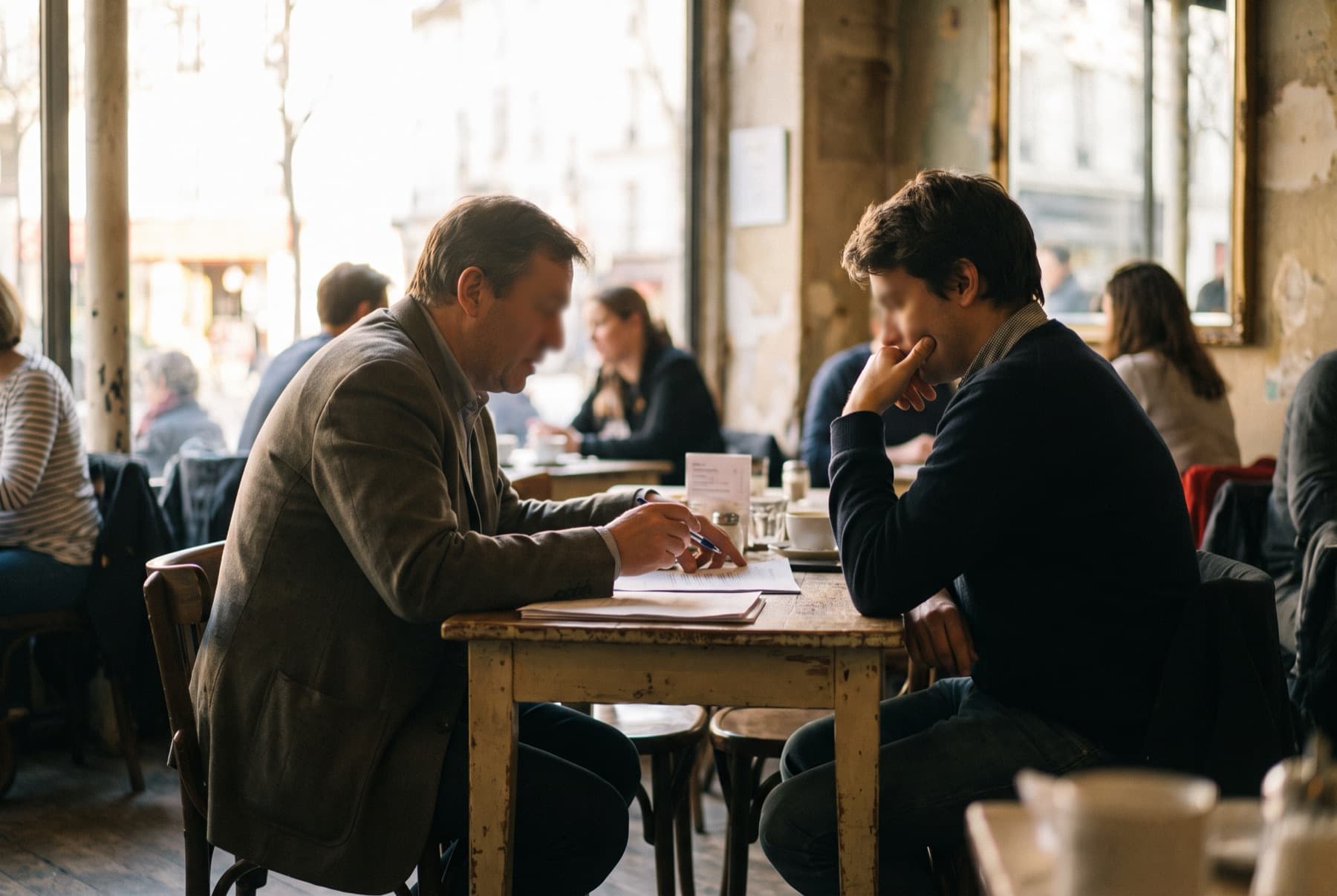 Two people at a small cafe table, seen from the side at a distance