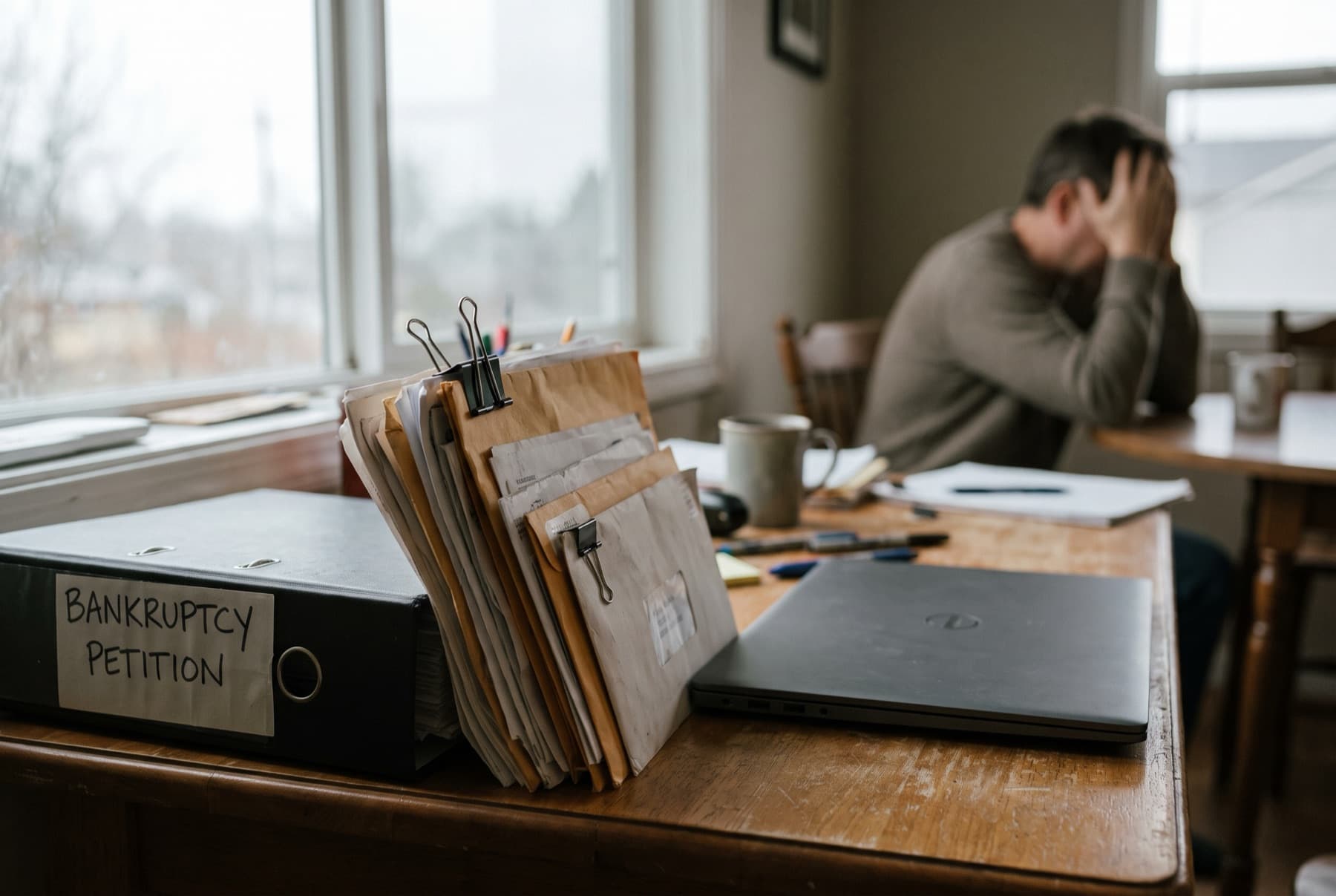 A stack of unpaid bills and past-due envelopes held together with a binder clip on a desk beside a closed