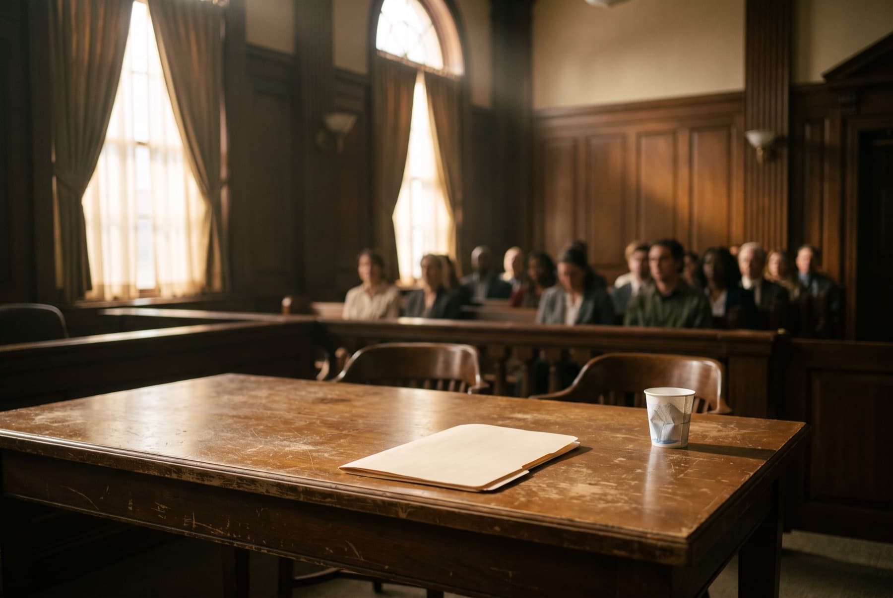 An empty wooden defendant's table in an old courtroom