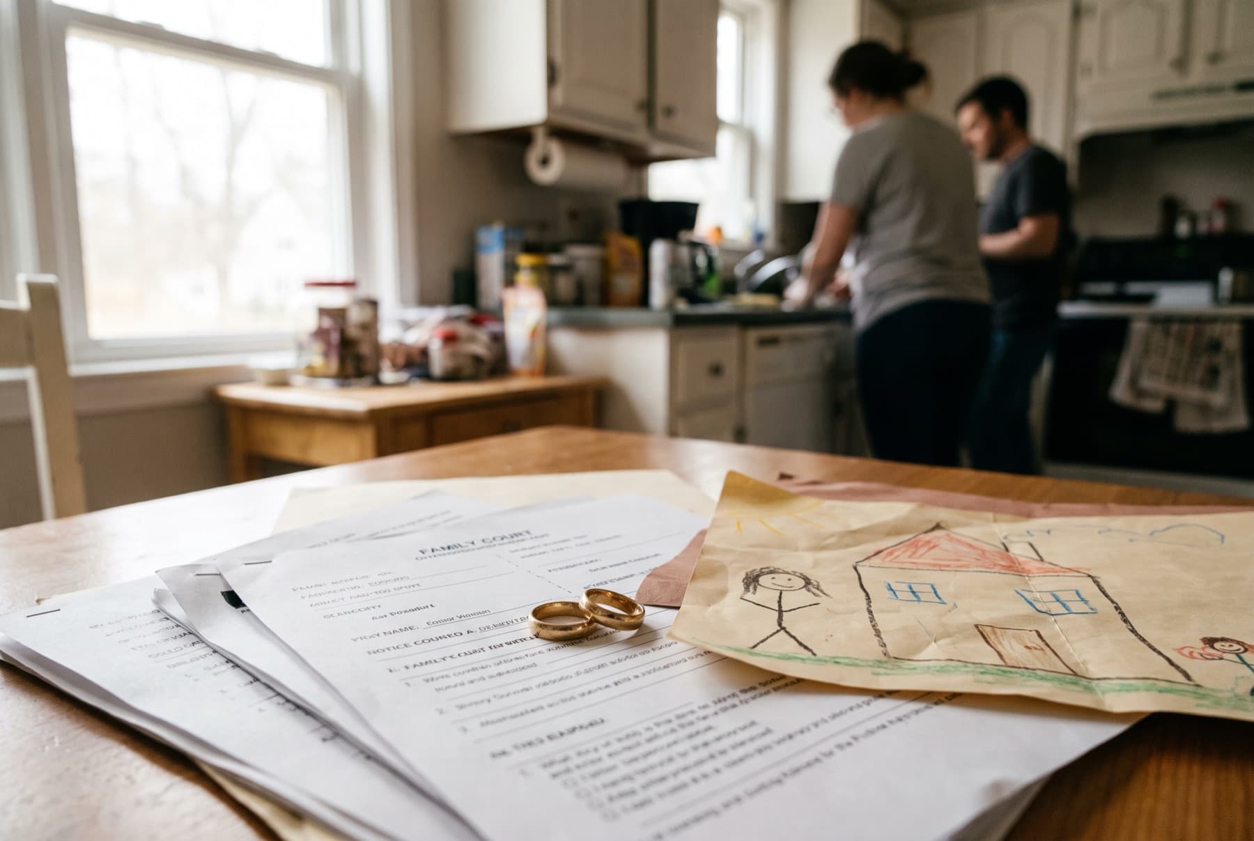 Two wedding rings lying on a stack of family court paperwork on a kitchen table next to a child's crayon drawing
