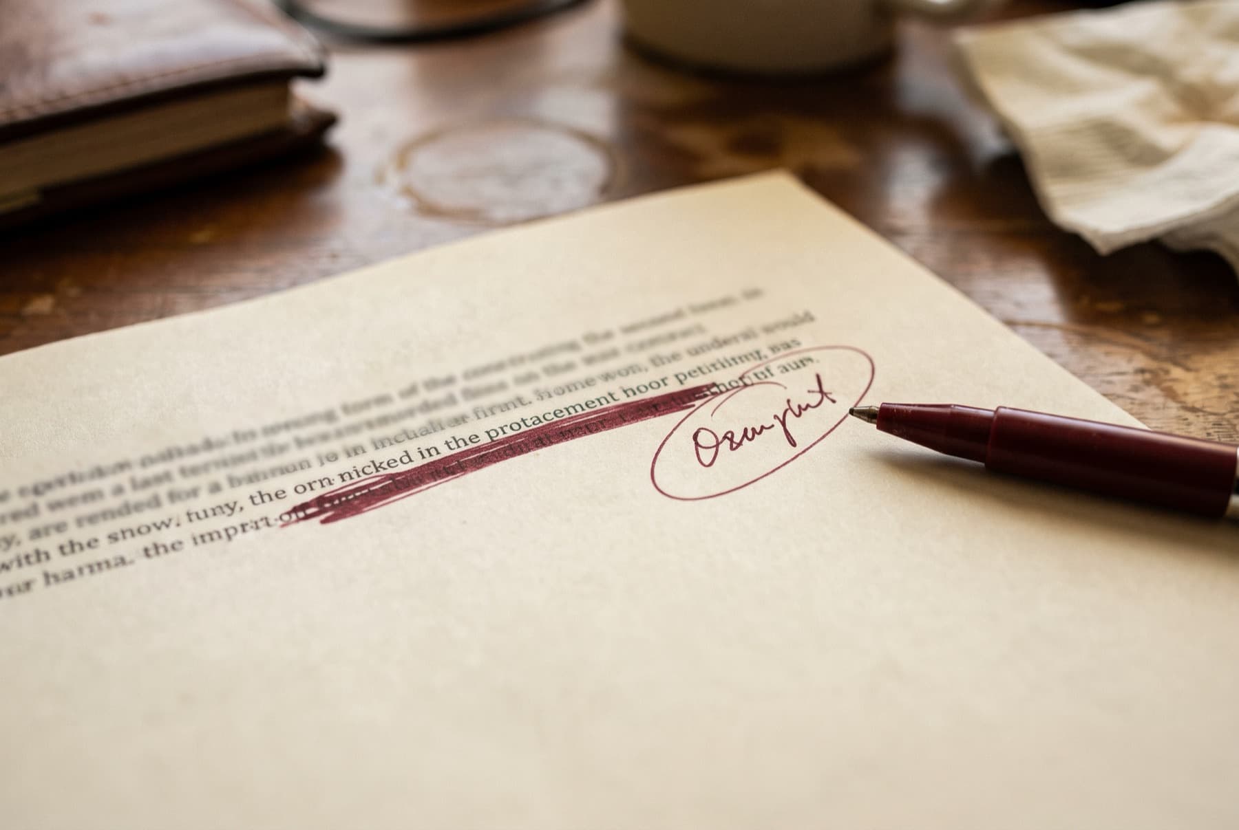 Extreme close-up of a printed contract page with a sentence struck through in pen and a handwritten correction in the margin