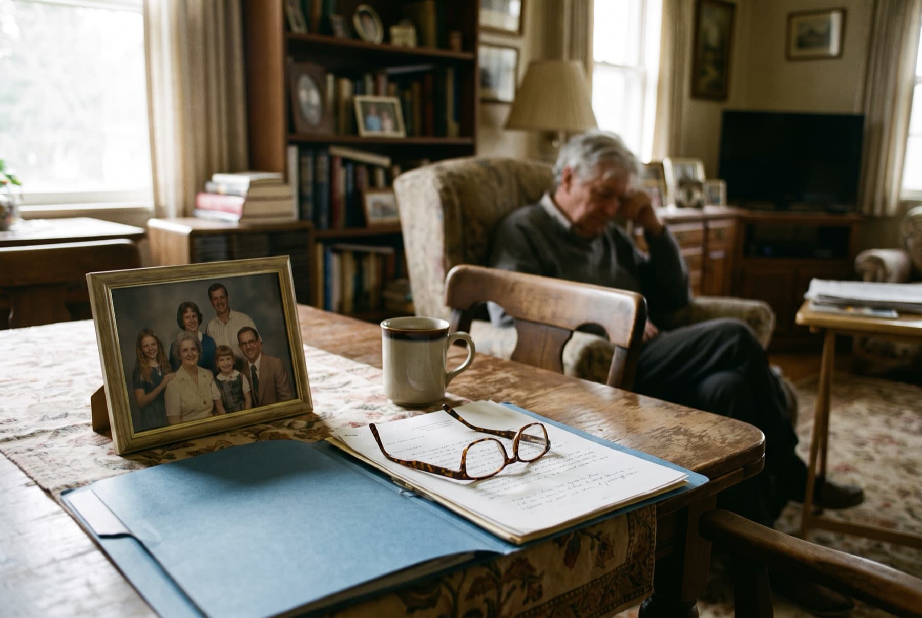 An old family home's dining room table with a framed family photo lying face up beside an open will in a blue legal backer