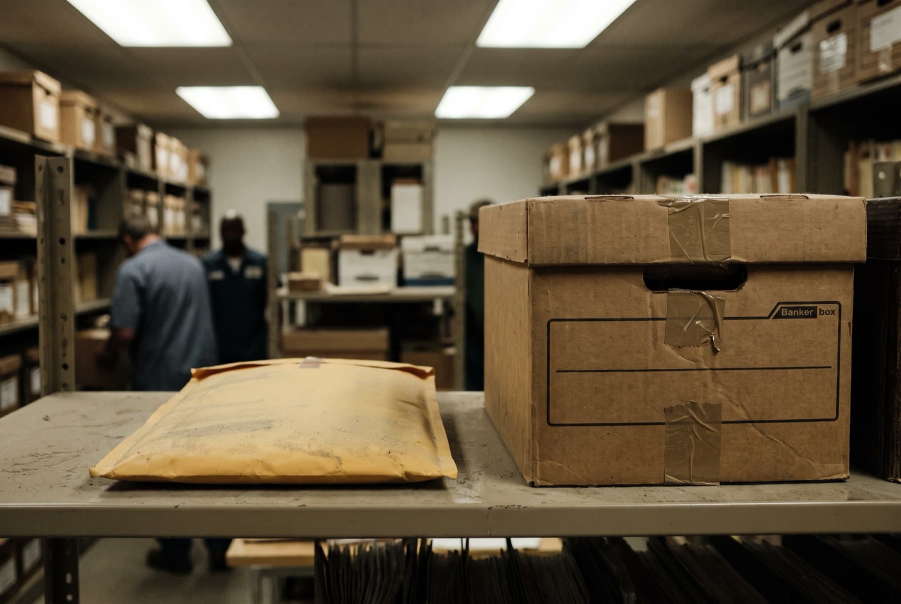 Unopened evidence: a sealed padded envelope and a banker's box with its lid still taped shut sitting on a shelf in a storage room