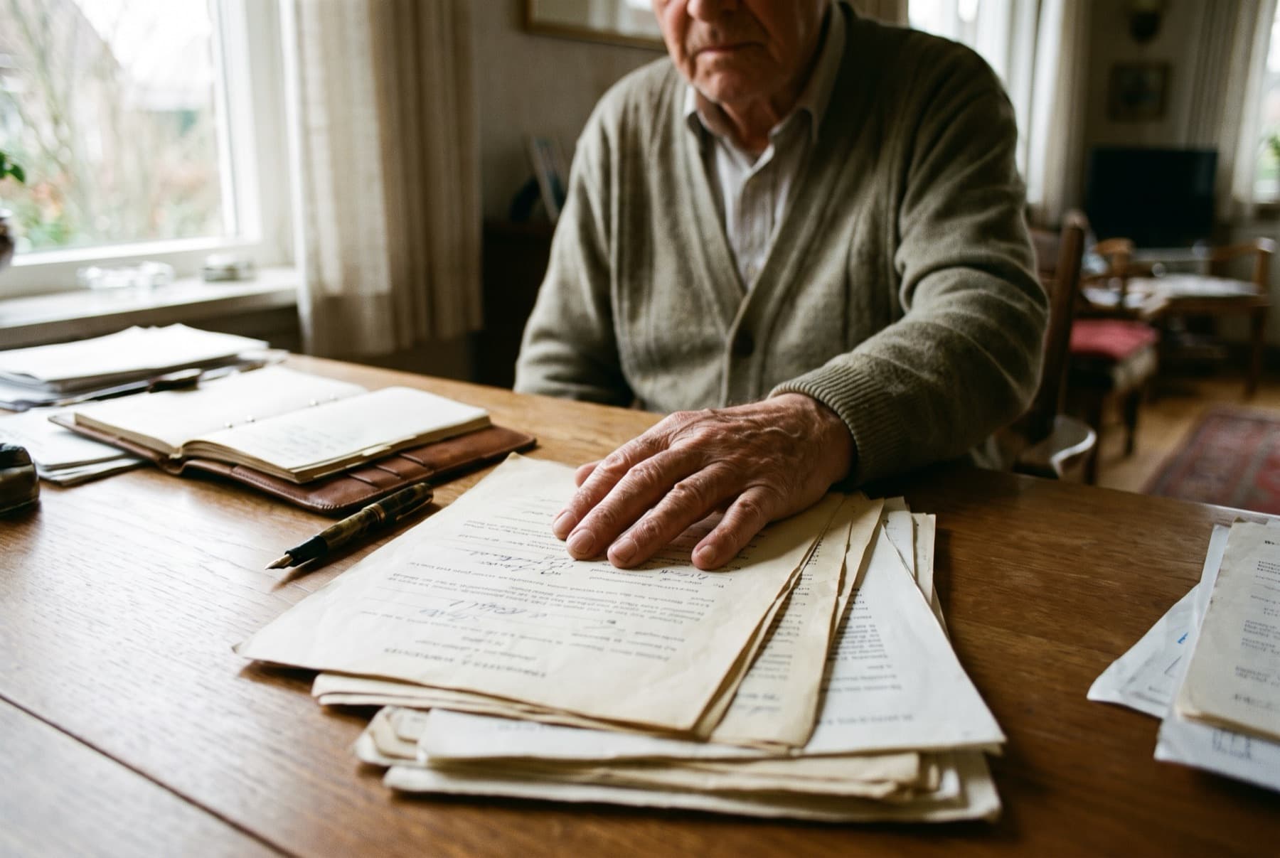 An elderly man's weathered hands resting on a stack of signed documents at a dining table