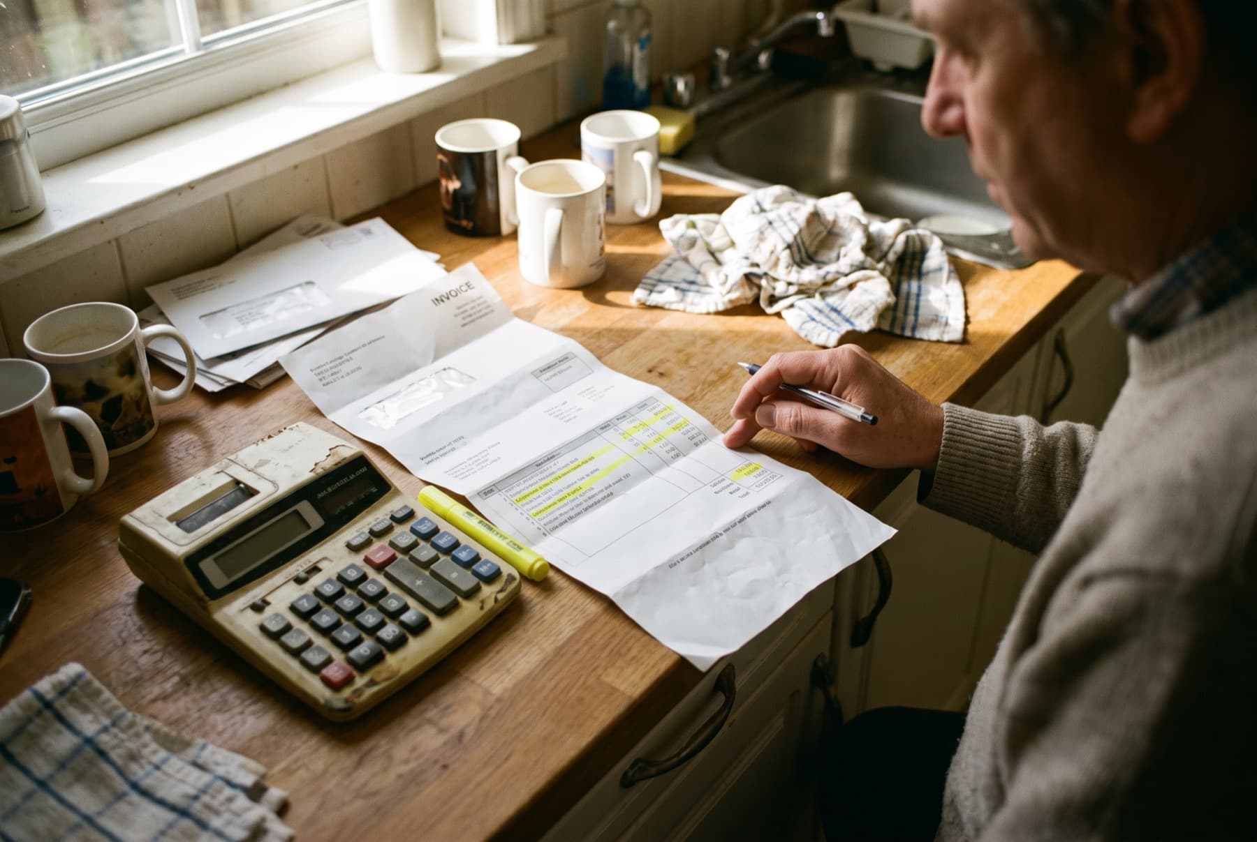A long multi-page itemized invoice unfolded across a kitchen counter next to a calculator and a highlighter