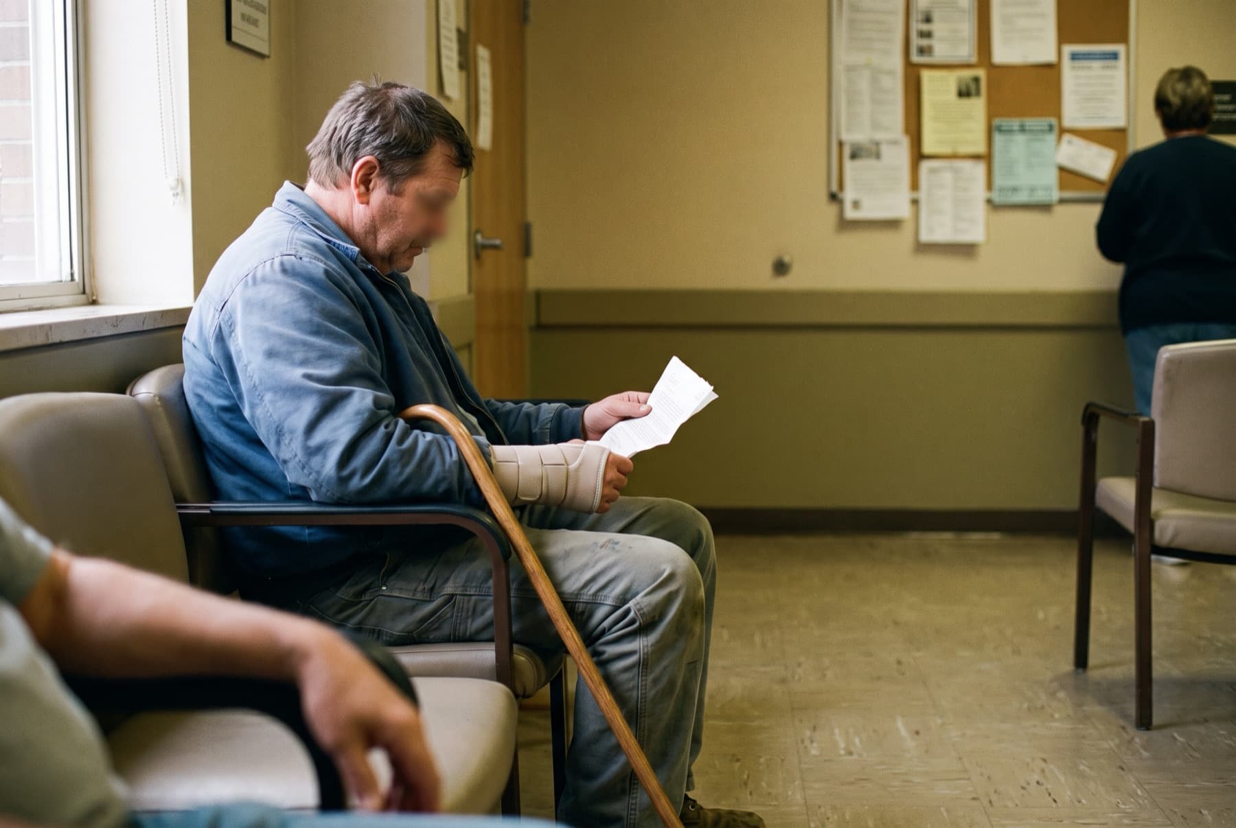 A man with a forearm brace and a cane sitting in a hospital physical therapy waiting area