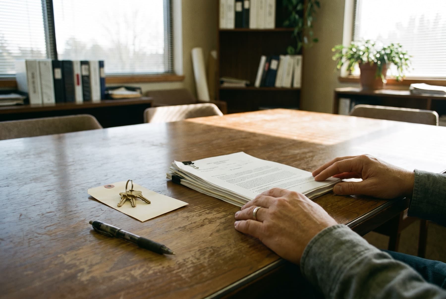 A house closing on a conference table: a set of house keys with a paper tag