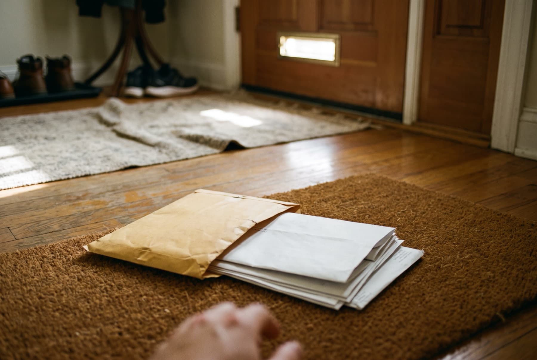 A settlement check envelope and a multi-page settlement agreement lying on a doormat inside a front door