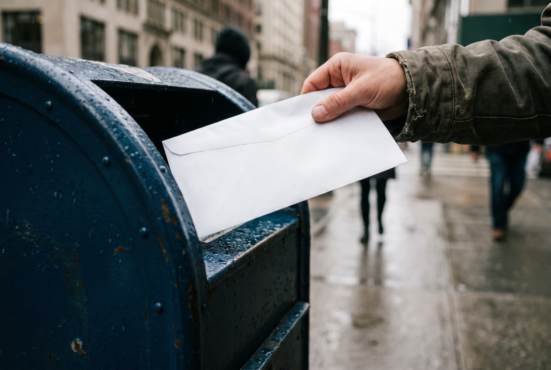 A person dropping a large white envelope into a blue street mailbox on a city sidewalk