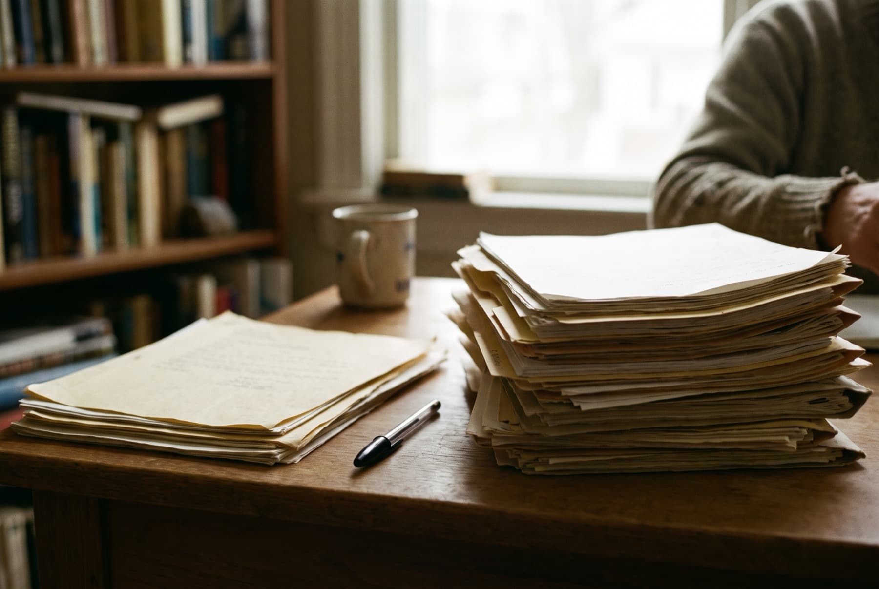 Two stacks of paperwork on a table, one thin and one very thick