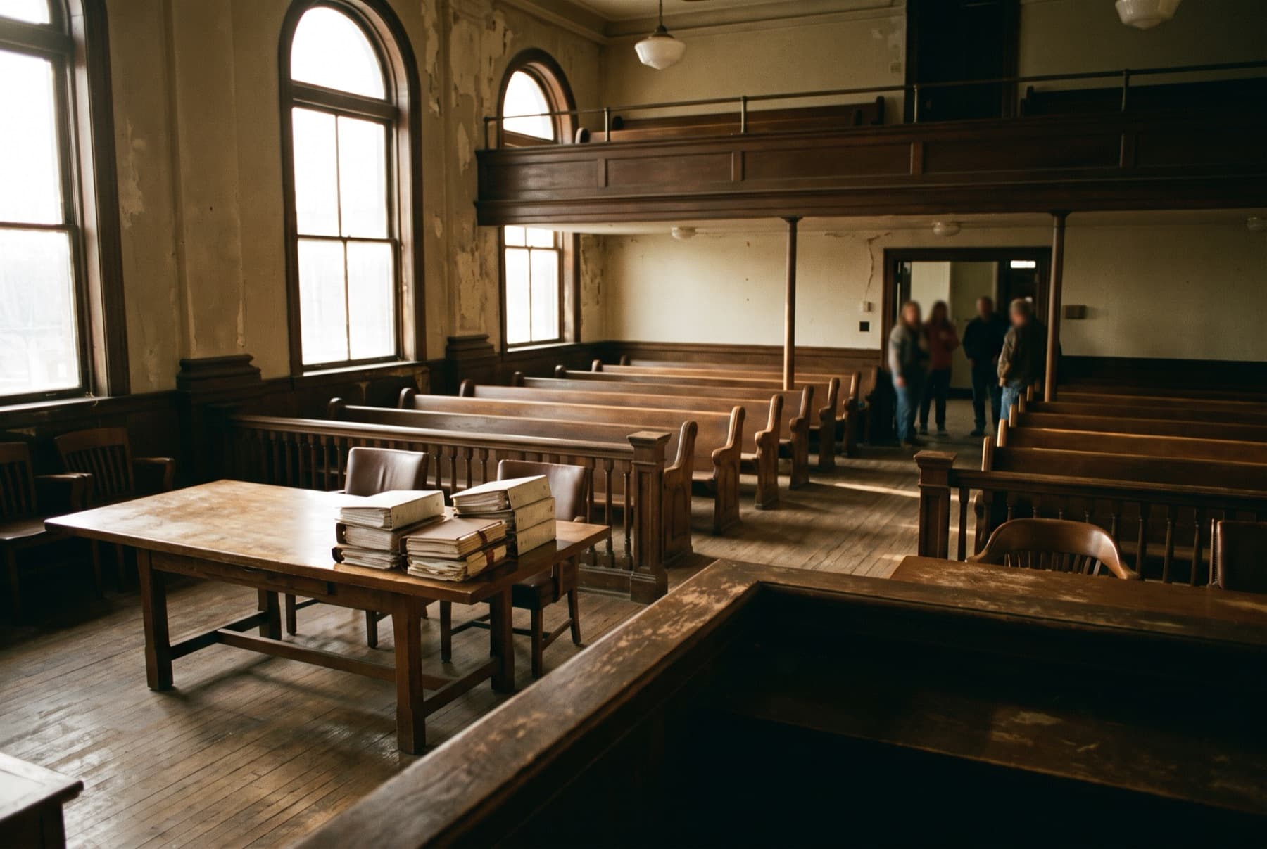 An old wooden courtroom seen from the gallery, with a second set of trial binders stacked on counsel table