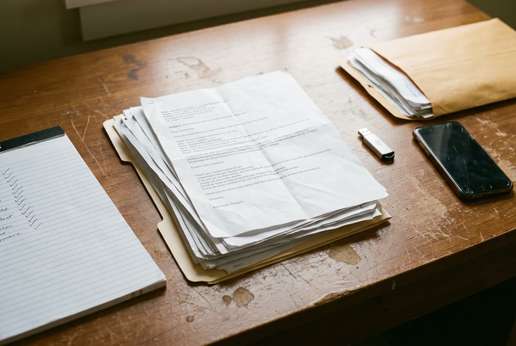 Top-down flat lay on a wooden desk: a checklist on a legal pad