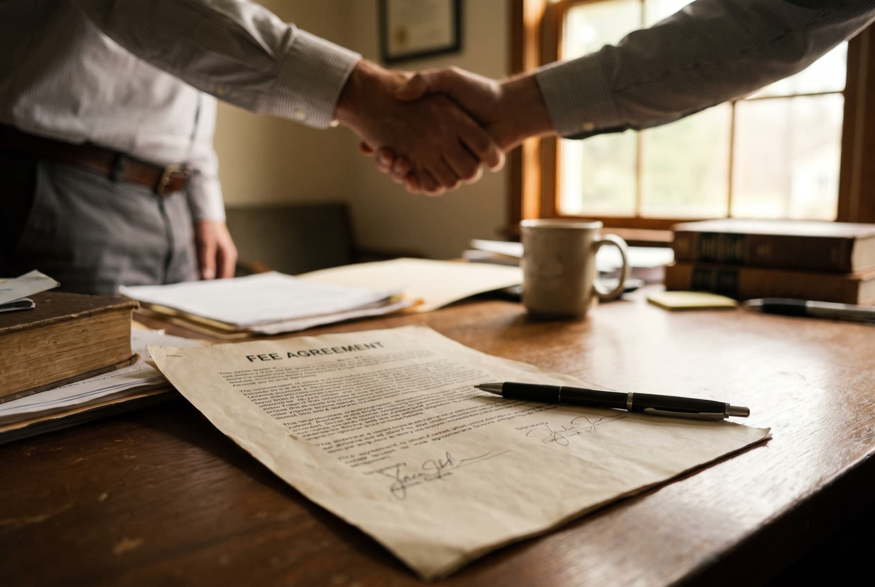 A signed one-page fee agreement on a desk with a pen and a handshake happening just out of focus behind it