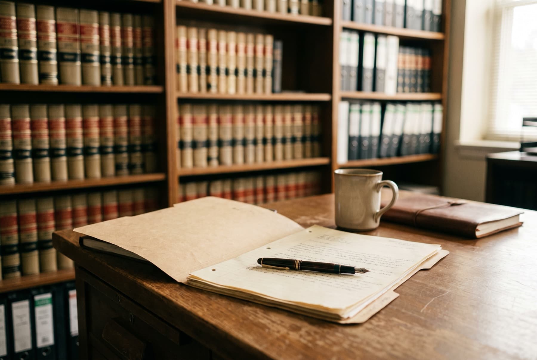 A tidy lawyer's desk in a brightly lit office