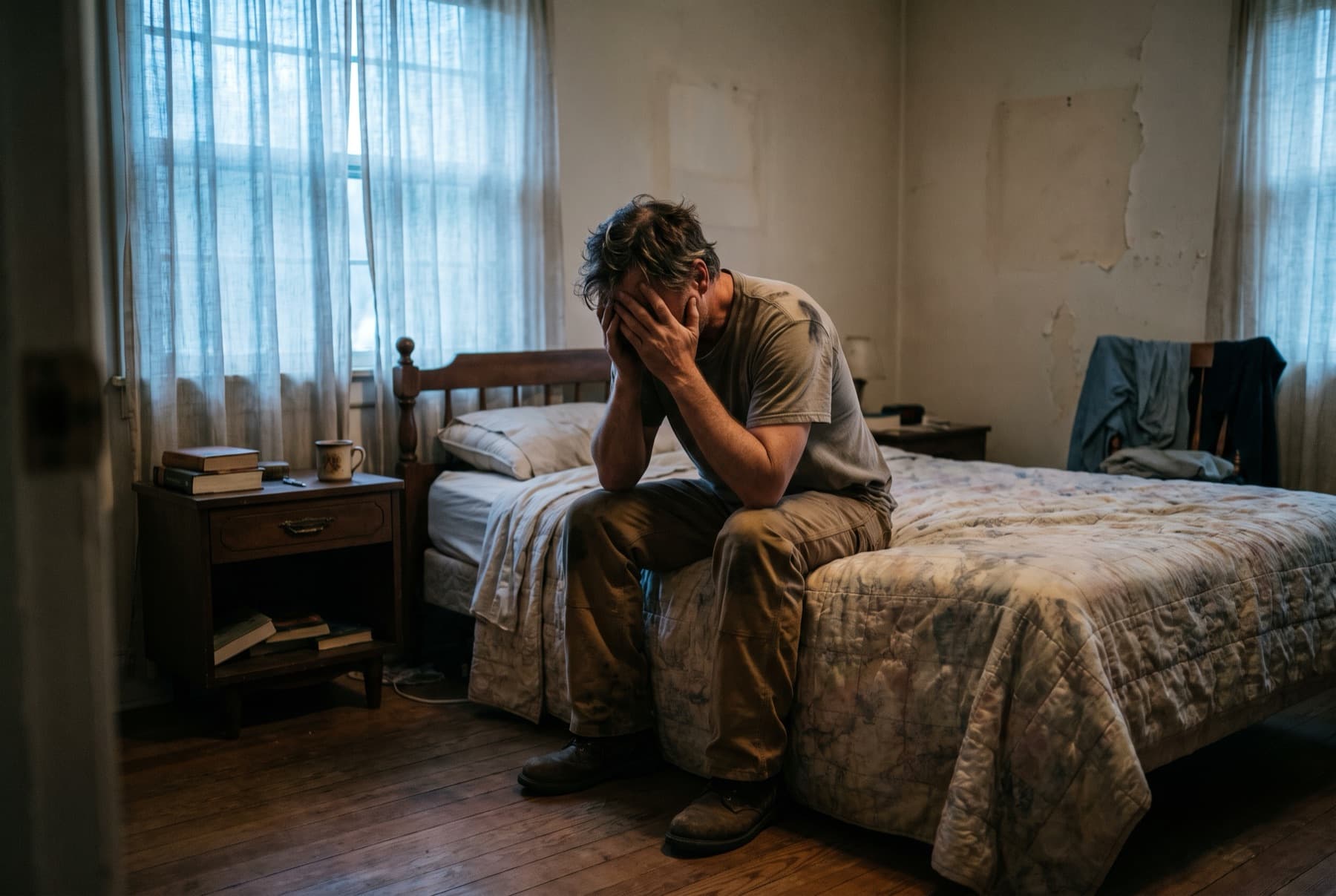 A man sitting on the edge of his bed at dawn