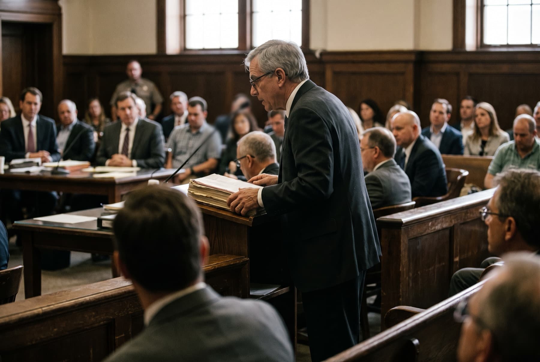 A gray-haired attorney at a witness stand in a courtroom
