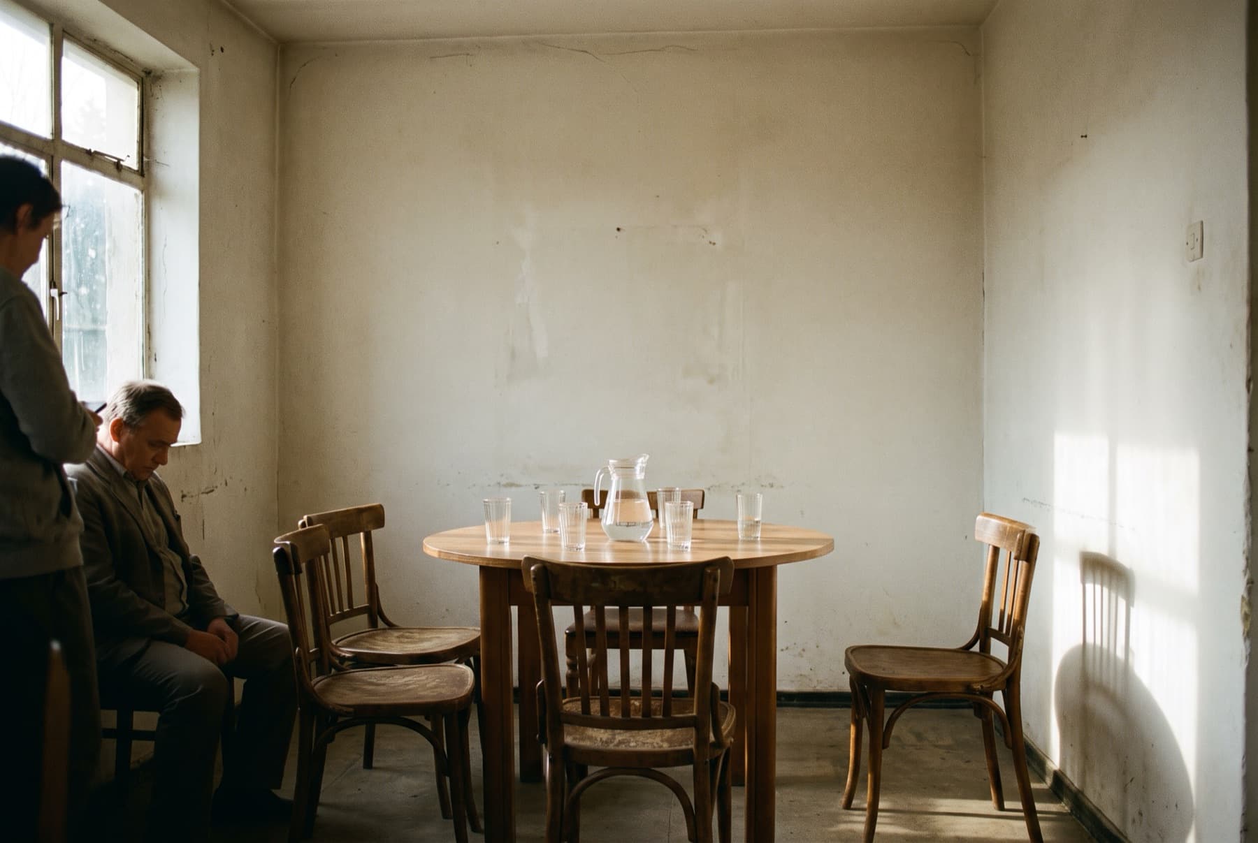 A small hearing room with a round table, three chairs on one side and one on the other