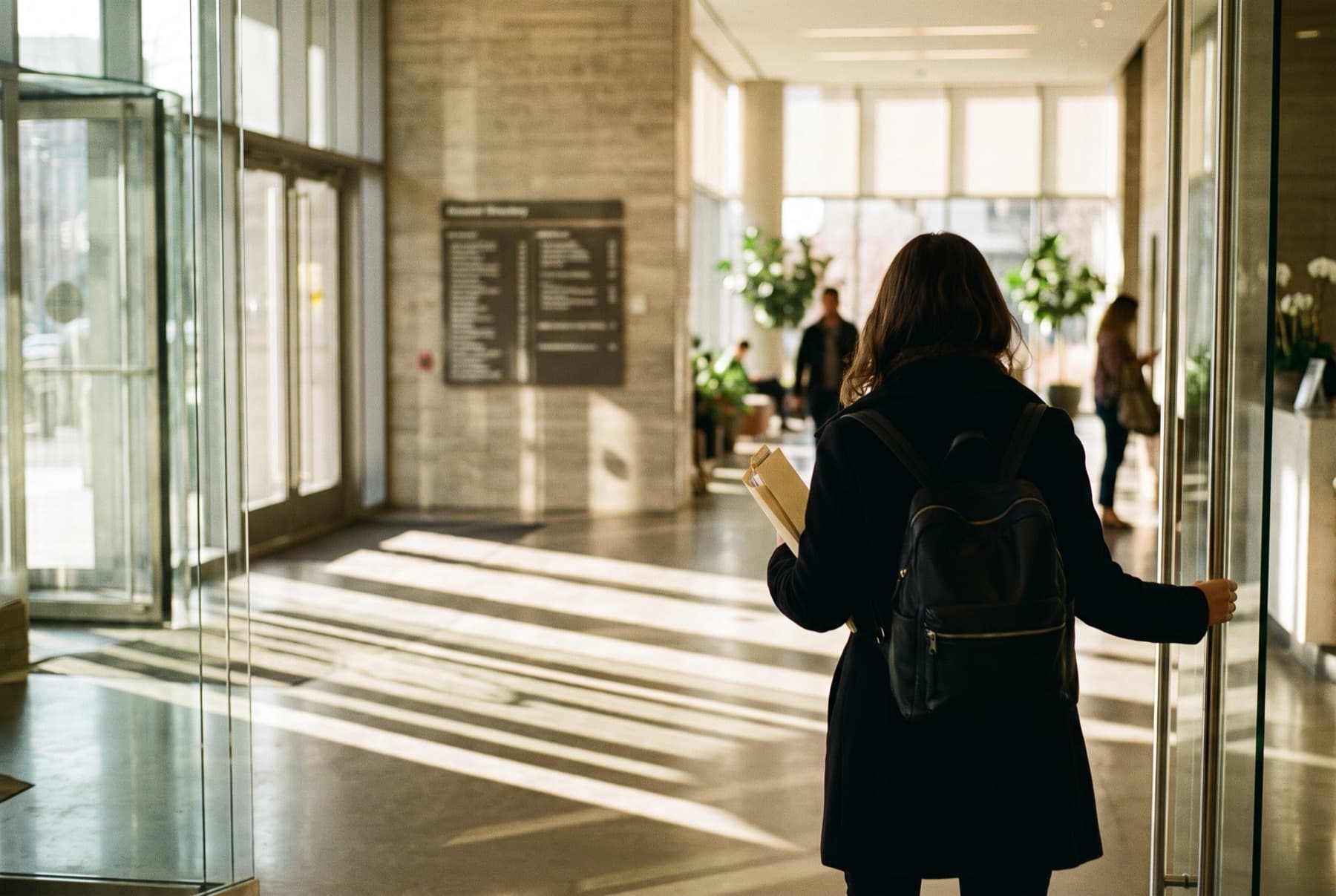 A woman walking into the lobby of a modern office building with a folder under her arm