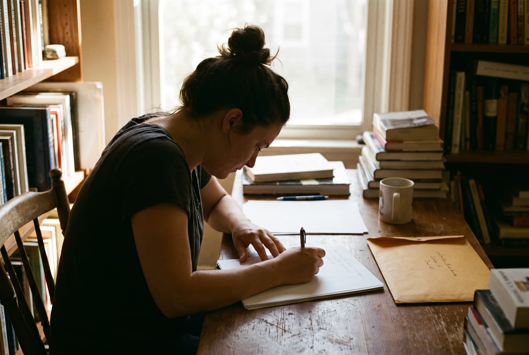 A woman at a home desk writing a letter by hand on plain stationery