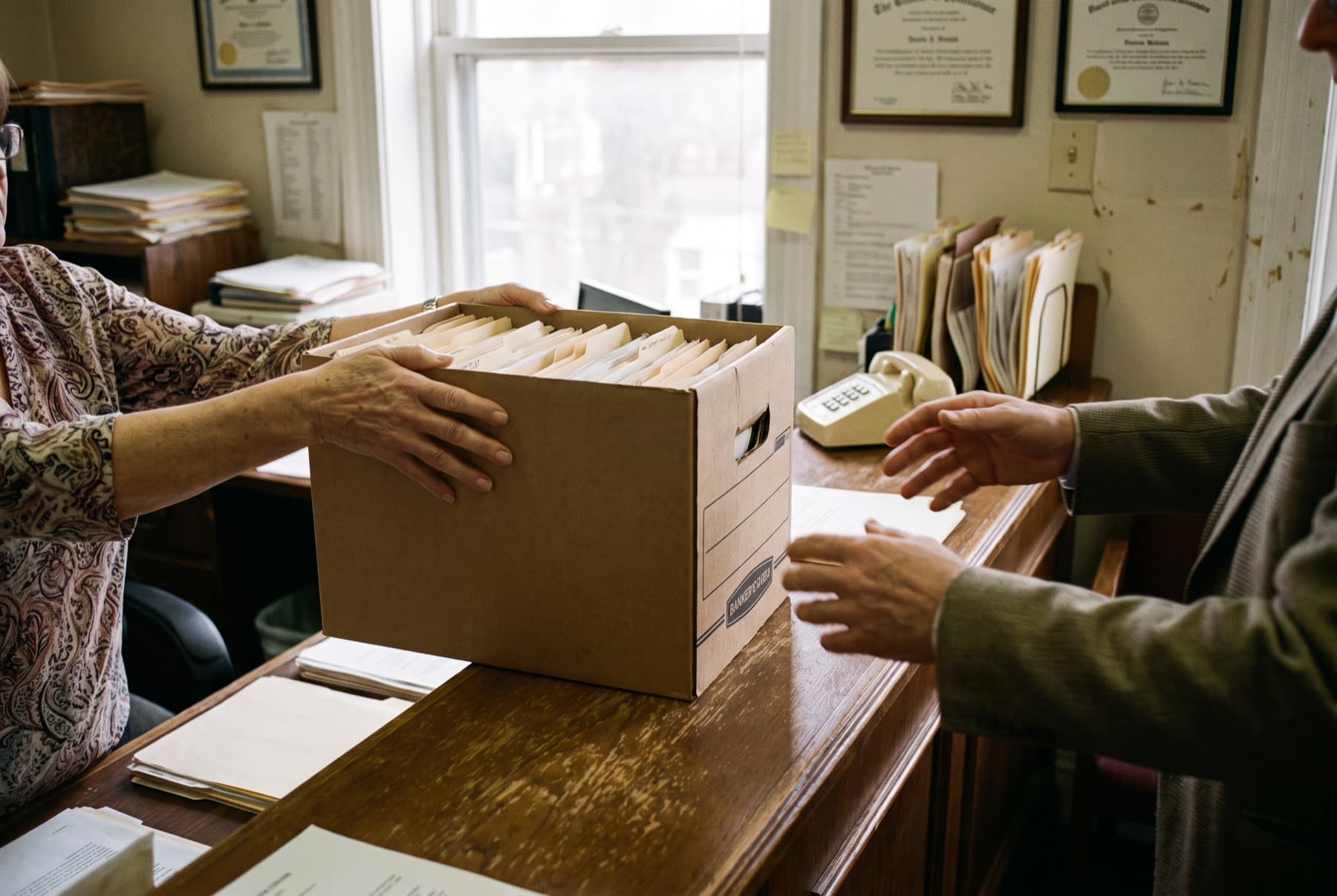 A receptionist's hands passing a banker's box of files across a law office front desk to a client whose arms