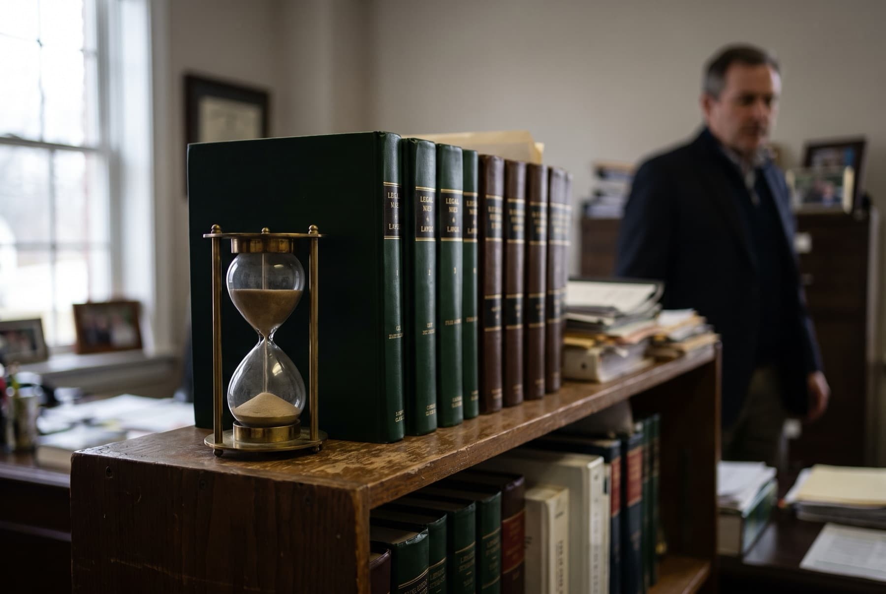 An hourglass on a lawyer's bookshelf in front of a row of thick legal binders, soft side light