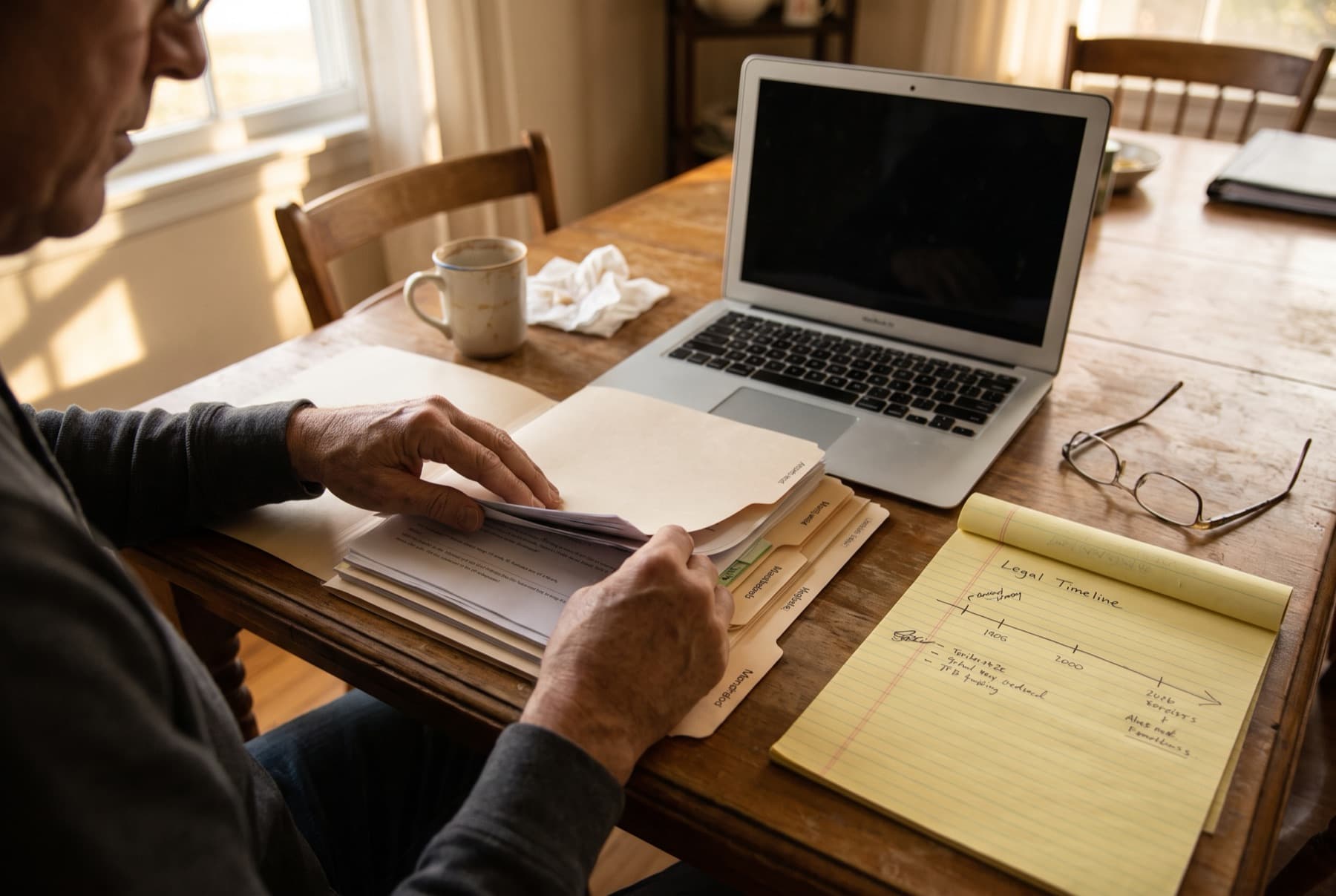 A person's hands organizing documents into labeled manila folders on a dining table