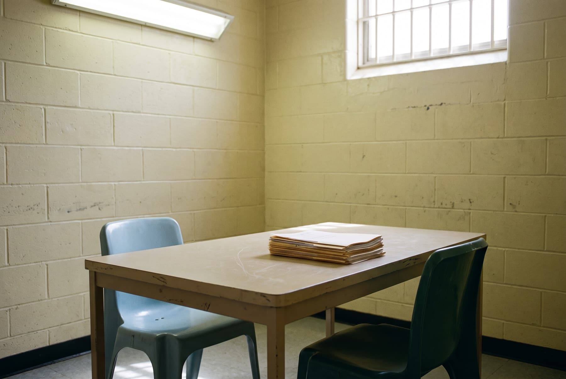 A prison visiting room table with two plastic chairs and a stack of legal papers