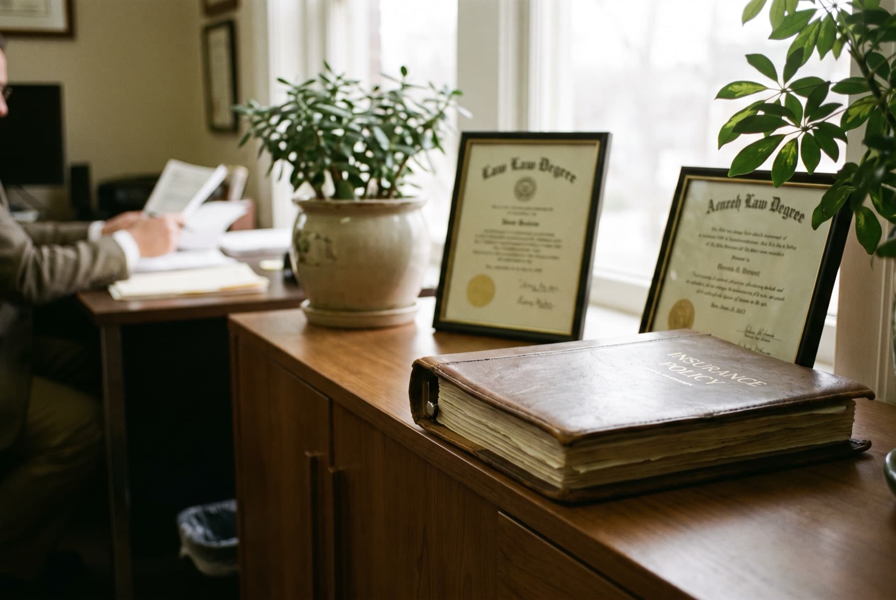 A thick insurance policy binder on a law office credenza beside framed law degrees (text not readable) and a desk plant