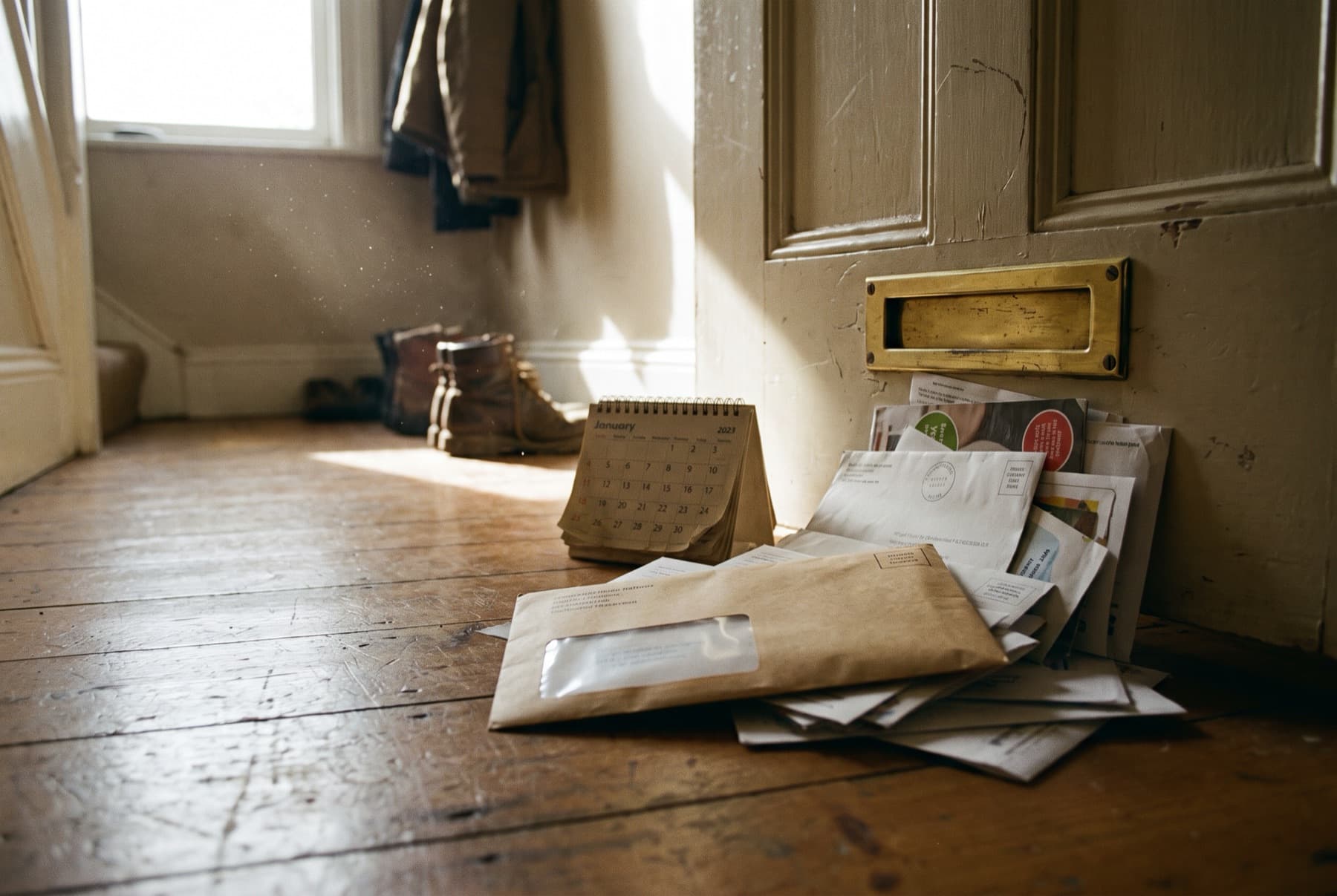 A desk calendar and a court notice envelope lying on a hallway floor under a mail slot