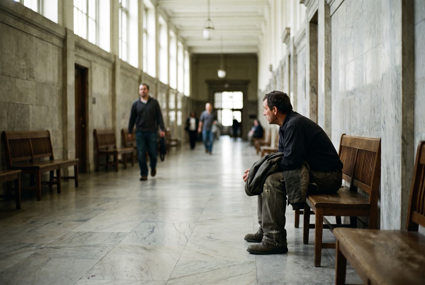 A man sitting alone on a bench in a courthouse corridor after a hearing