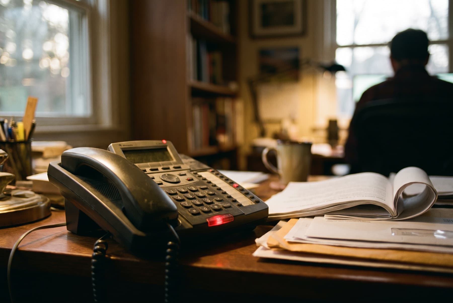 A landline-style office desk phone with a blinking voicemail light on an empty desk