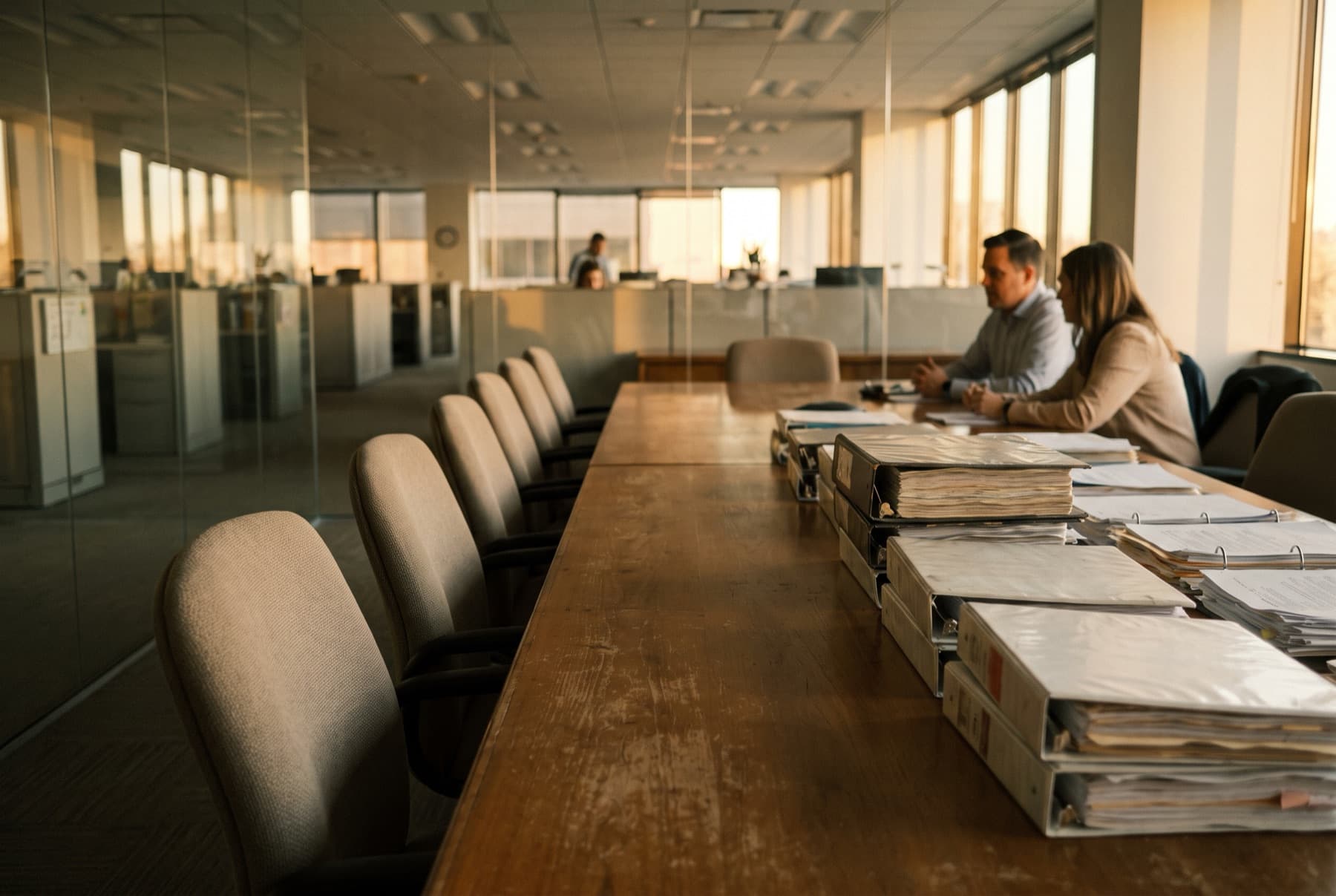A long conference table viewed from one end with two sides of chairs facing each other