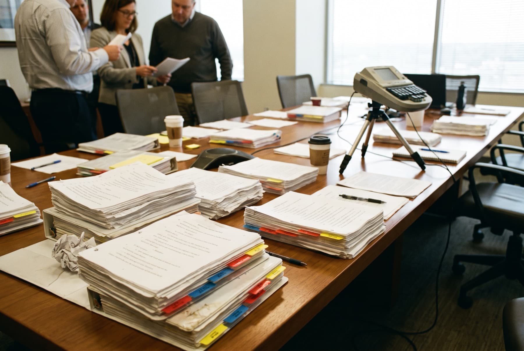 A long conference room table covered in deposition transcripts