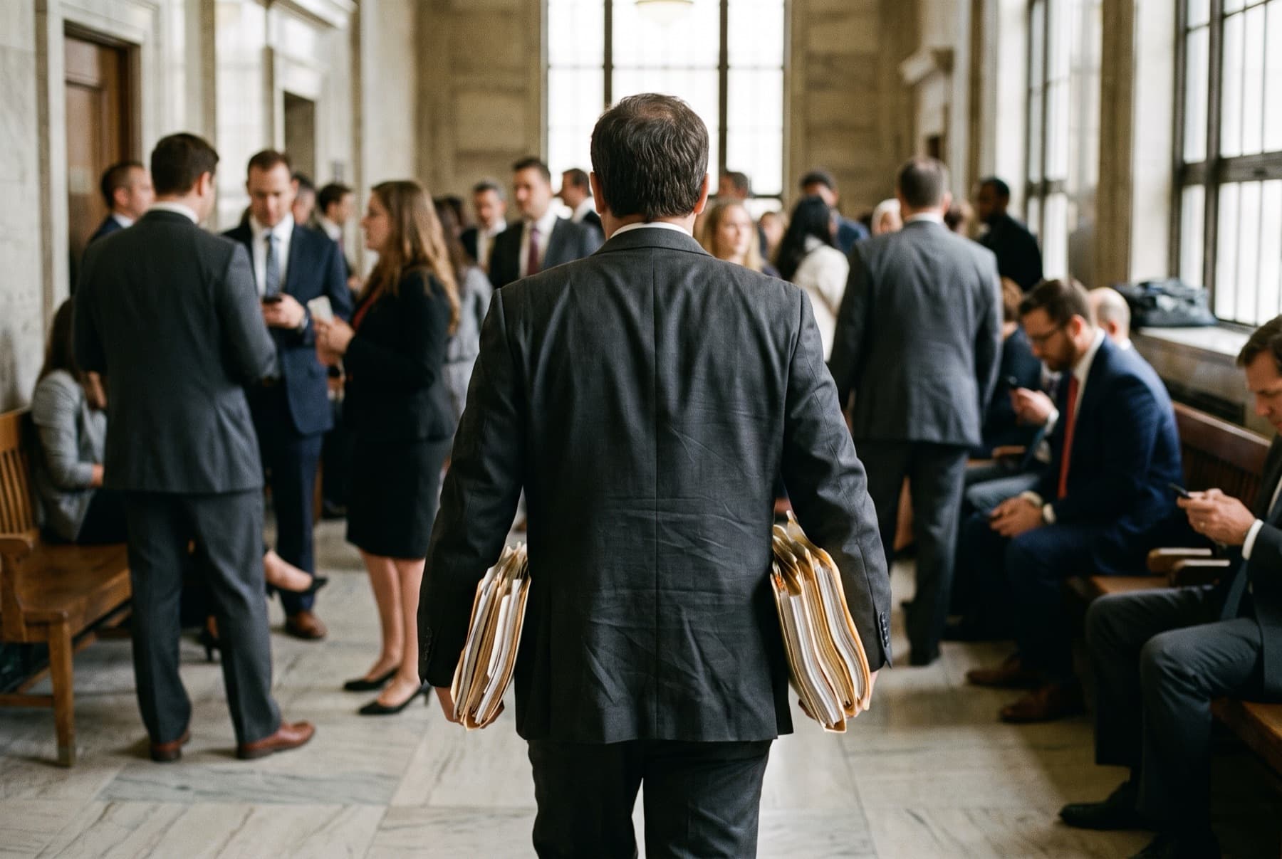 A crowded public courthouse hallway with a public defender in a rumpled suit carrying a tall stack of case files