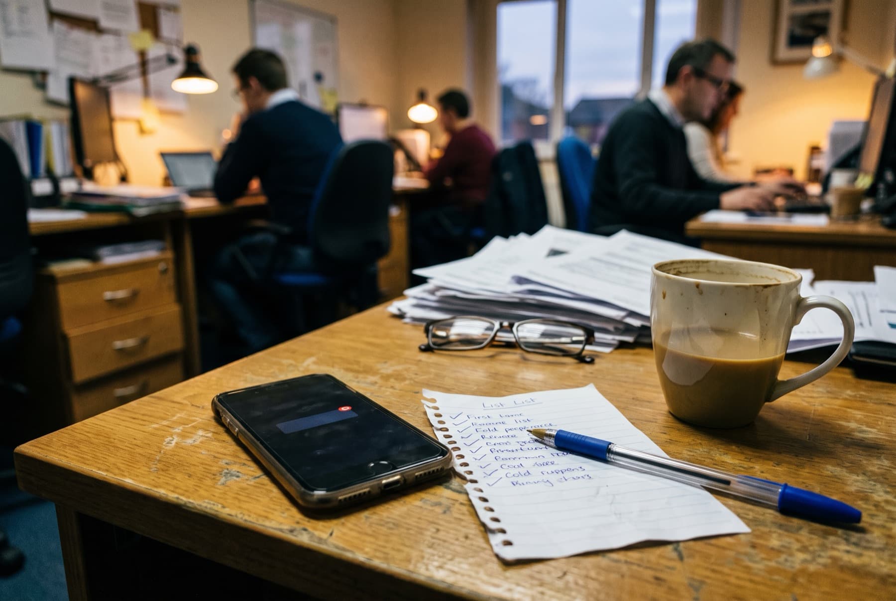 A phone lying face up on a desk showing a notification badge