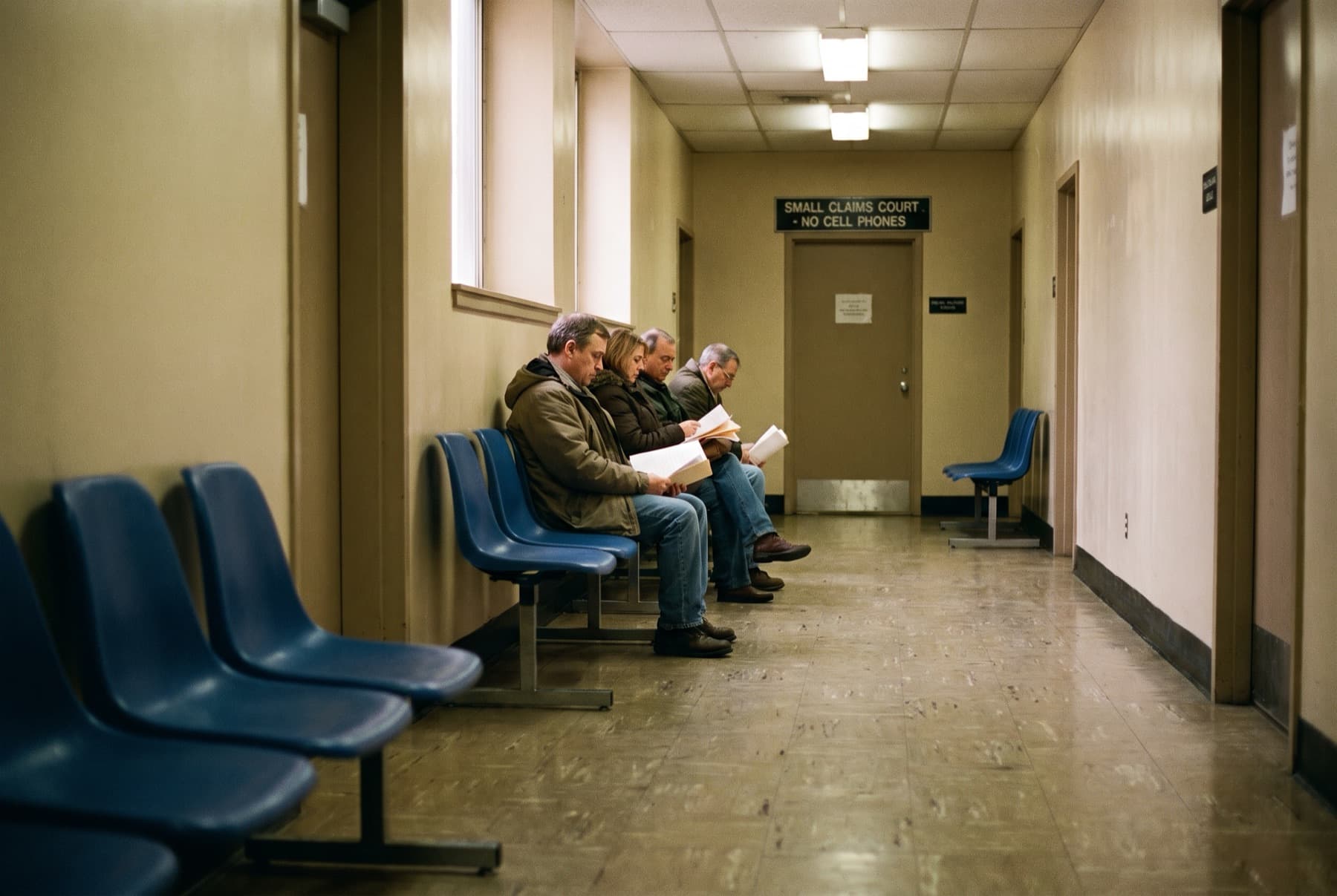 A small claims courtroom hallway with plastic chairs along the wall and a few people waiting holding papers