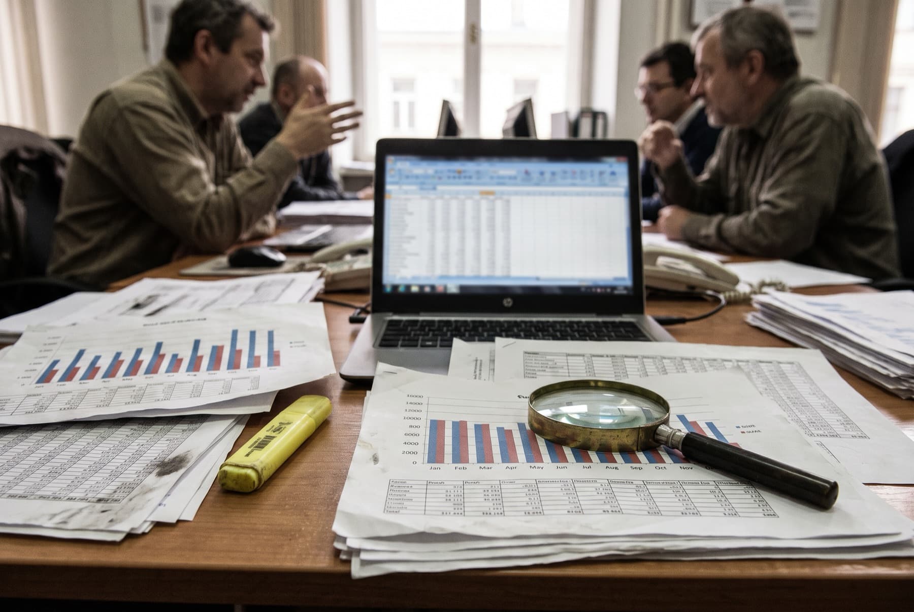 Printed bar charts and data tables spread across a desk with a highlighter and a magnifying glass