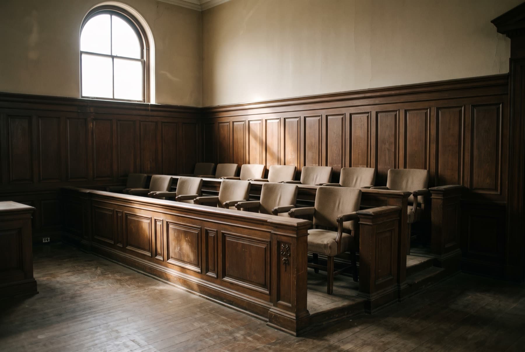 An empty jury box in a wood-paneled courtroom, twelve chairs, light falling across them from a high window
