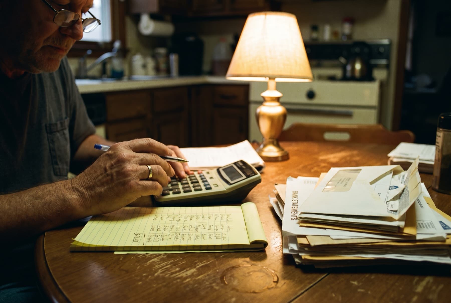 A person's hands at a kitchen table with a calculator