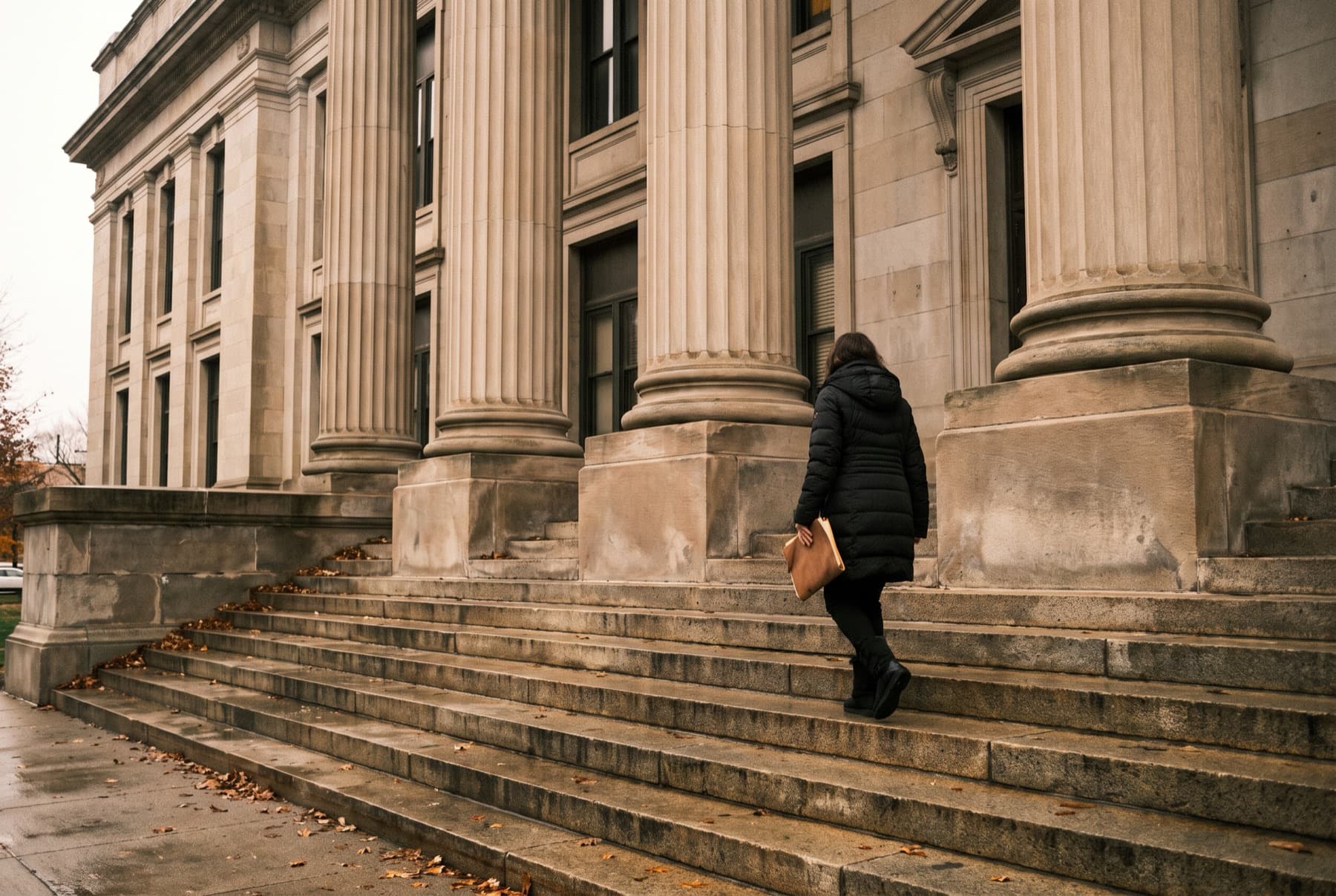 Wide view of the stone steps and tall columns of a classic American county courthouse on an overcast morning