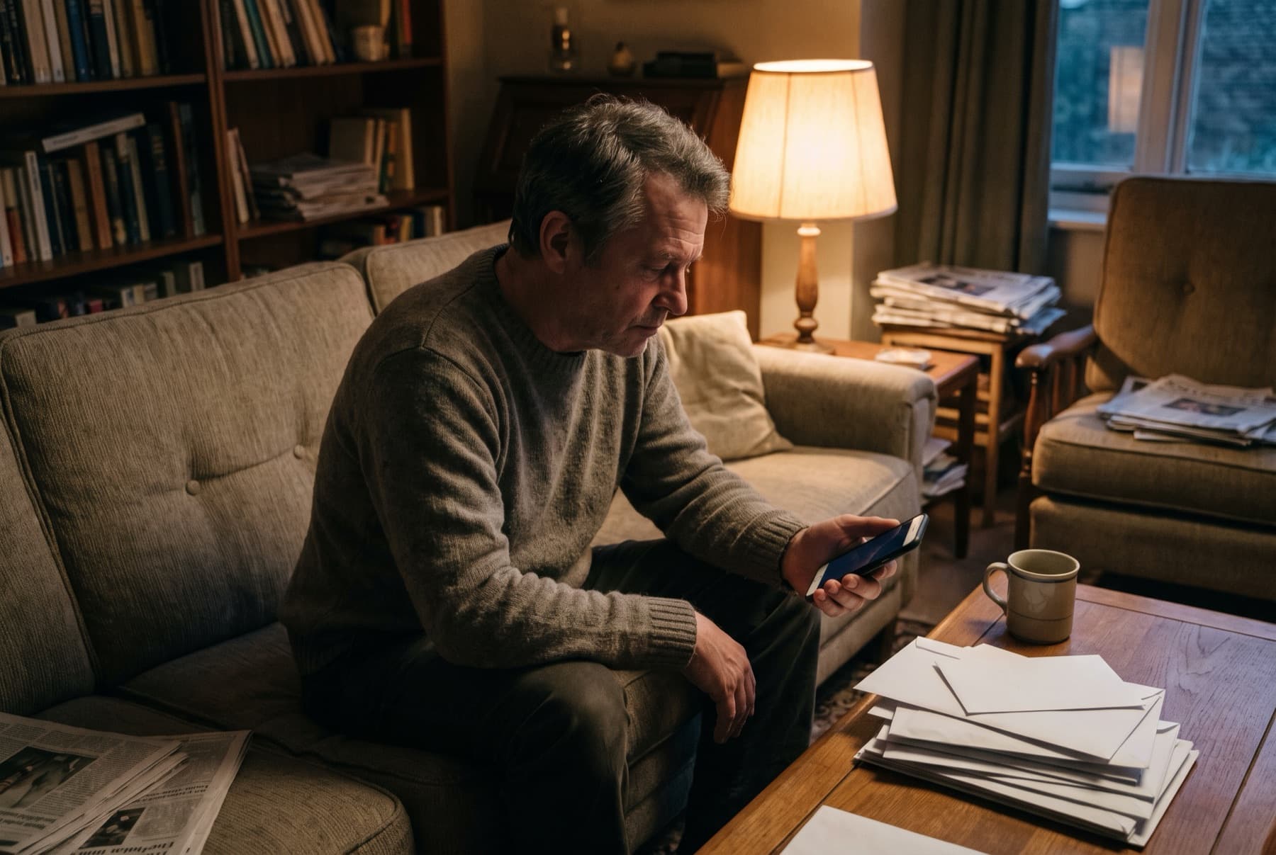 A man in his fifties sits on the edge of a couch in a dim living room holding a phone face-up in his hand